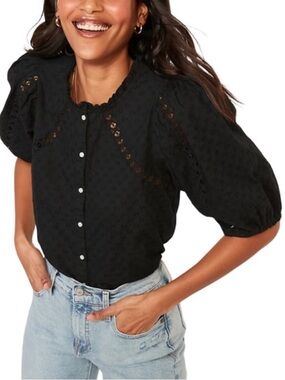 Old Navy Puff-Sleeve Lace-Trim Clip-Dot Blouse NWT - Large